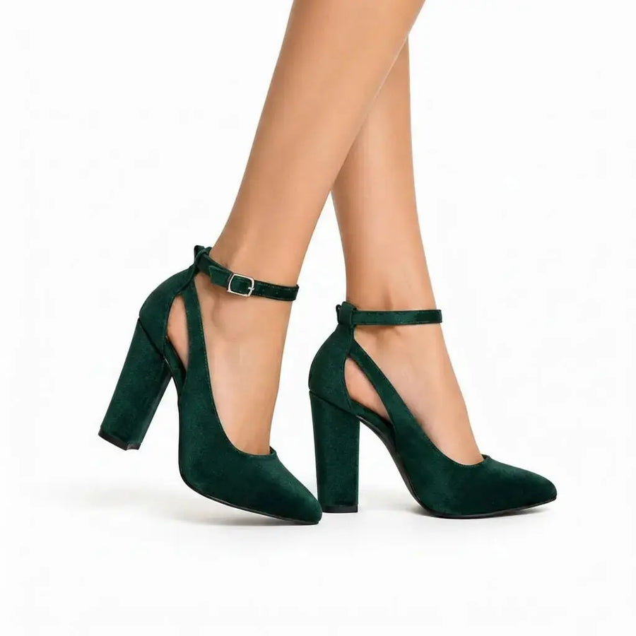 Emerald Green Velvet Block Heel wedding shoes hero front view | ForeverSolesBride