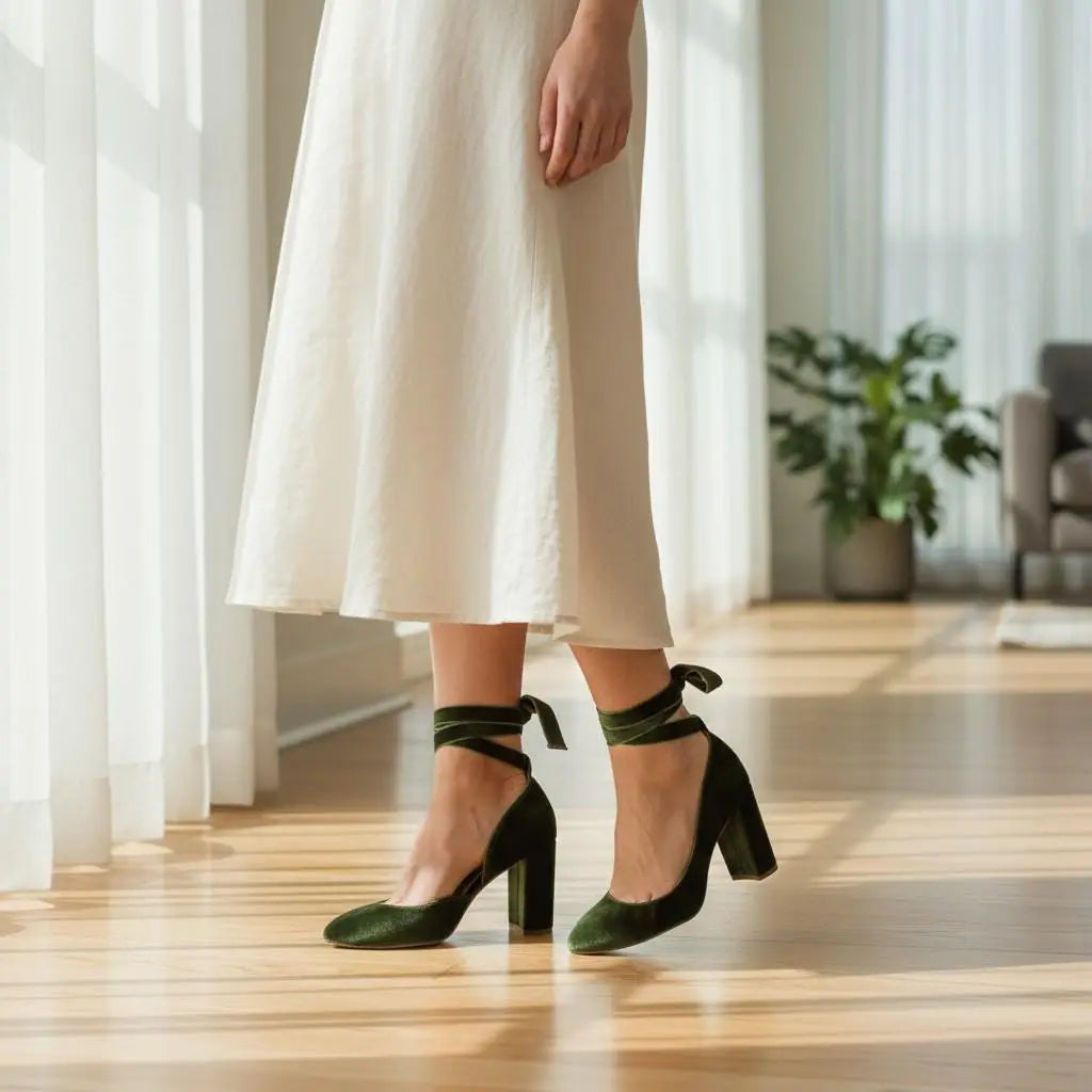 Emerald Green Silk Block Heel wedding shoes hero front view | ForeverSolesBride