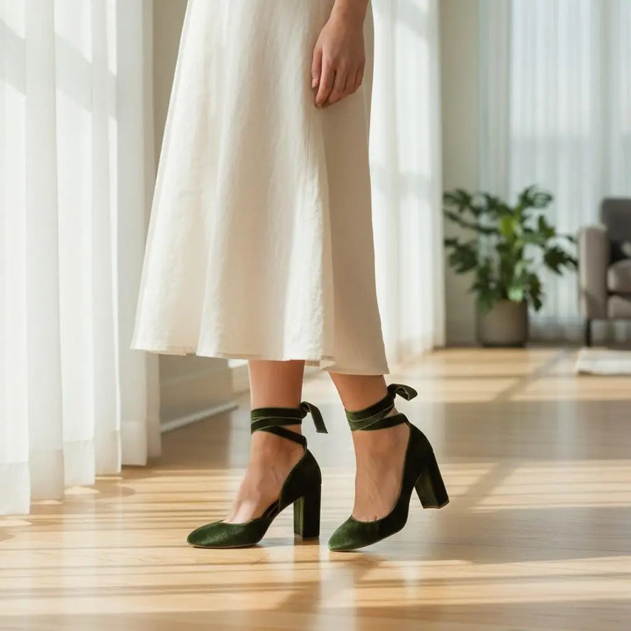 Emerald Green Silk Block Heel wedding shoes hero front view | ForeverSolesBride