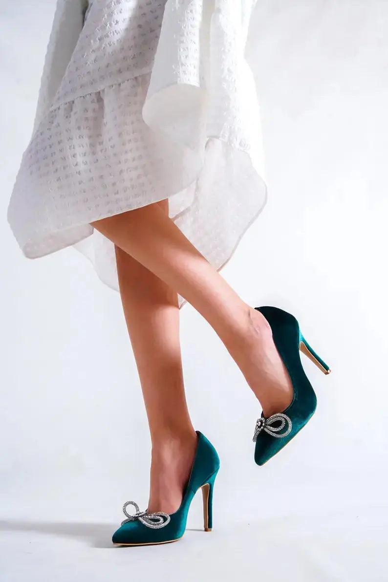 Green Lace Pumps wedding shoes hero front view | ForeverSolesBride