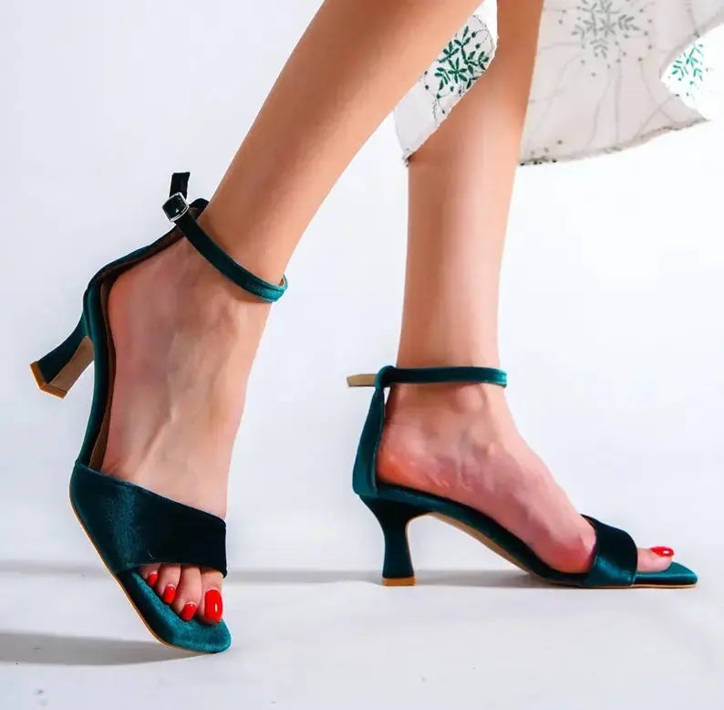 Green Velvet Ankle Strap wedding shoes hero front view | ForeverSolesBride