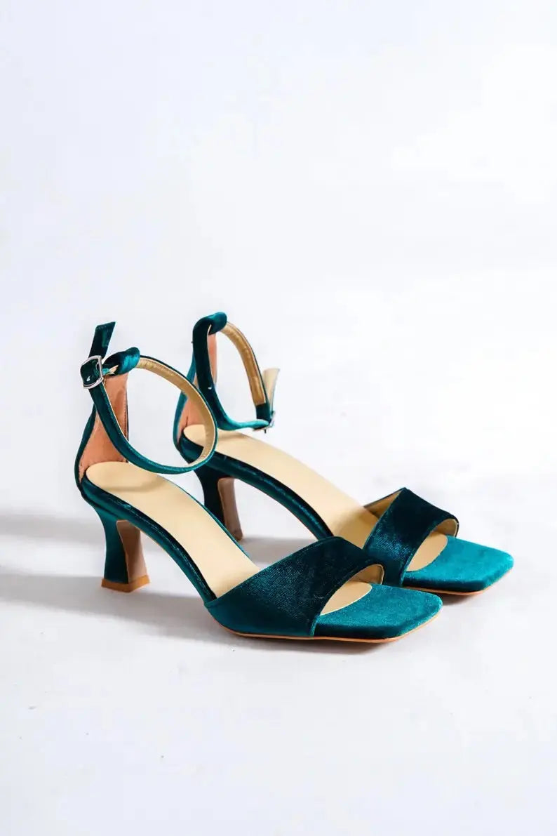 Green Velvet Ankle Strap wedding shoes product view 3 | ForeverSolesBride