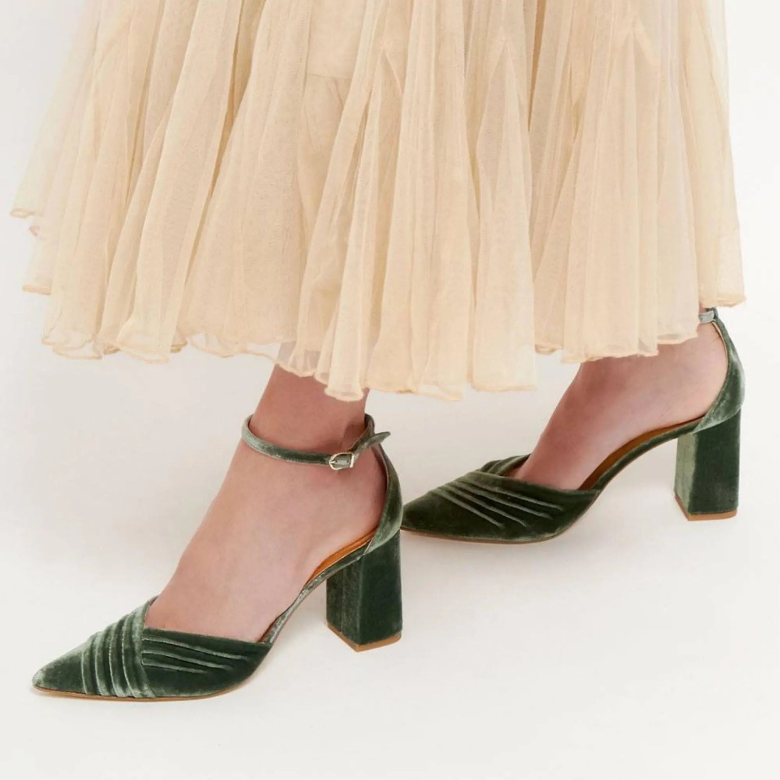 Green Velvet Block Heel wedding shoes hero front view | ForeverSolesBride