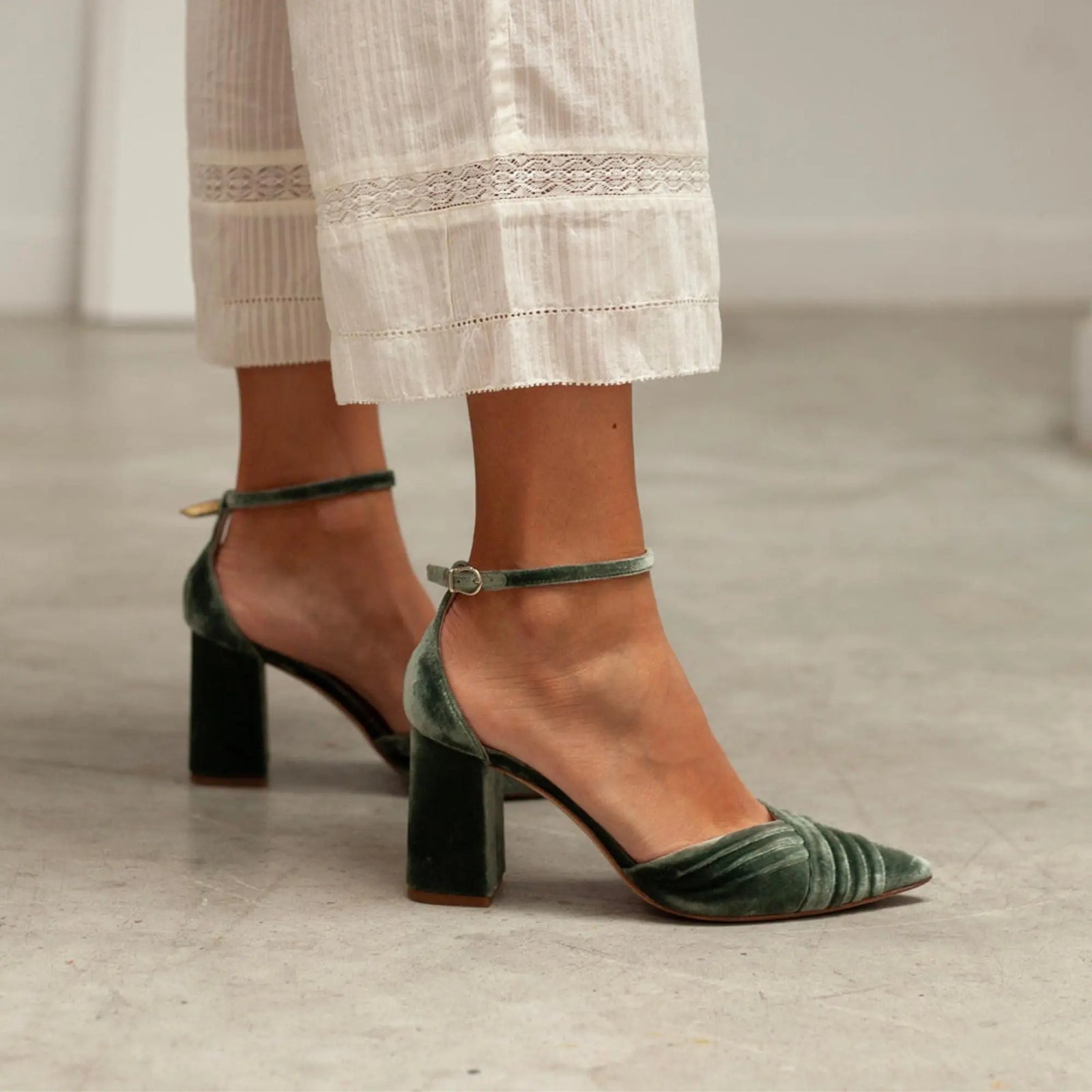 Green Velvet Block Heel wedding shoes product view 5 | ForeverSolesBride