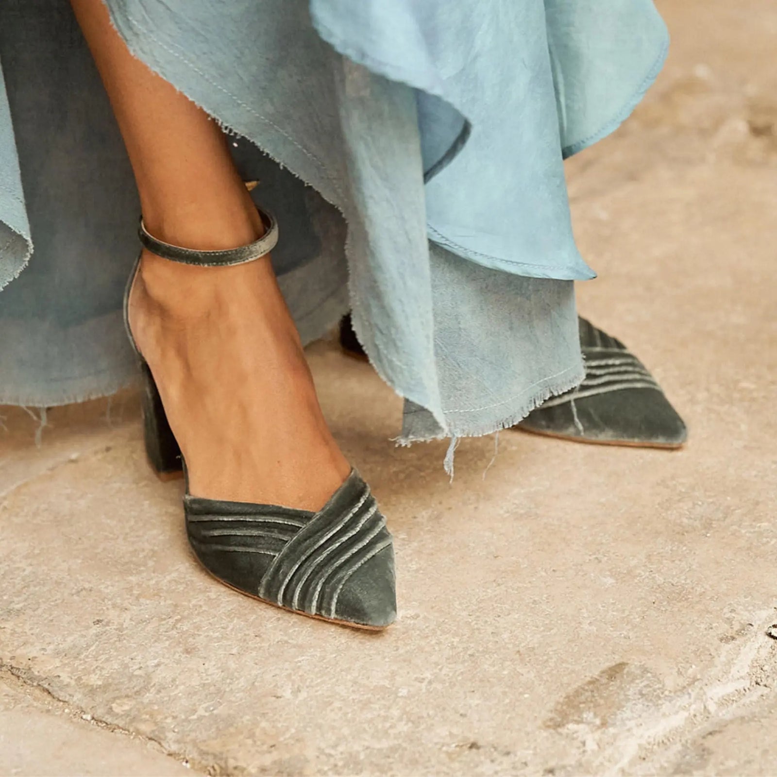Green Velvet Block Heel wedding shoes product view 6 | ForeverSolesBride