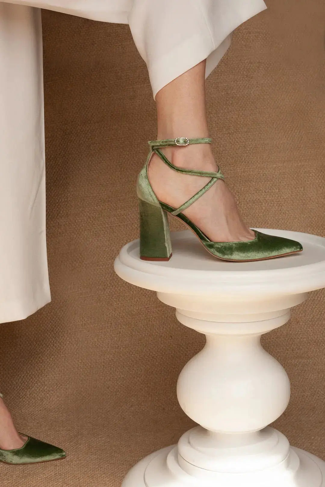 Green Velvet Block Heel wedding shoes product view 2 | ForeverSolesBride