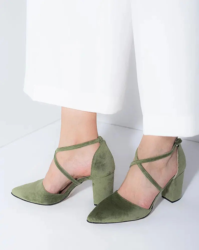 Green Velvet bridal wedding shoes hero front view | ForeverSolesBride