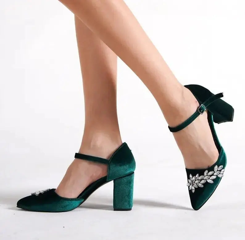 Green Velvet High Heel wedding shoes hero front view | ForeverSolesBride