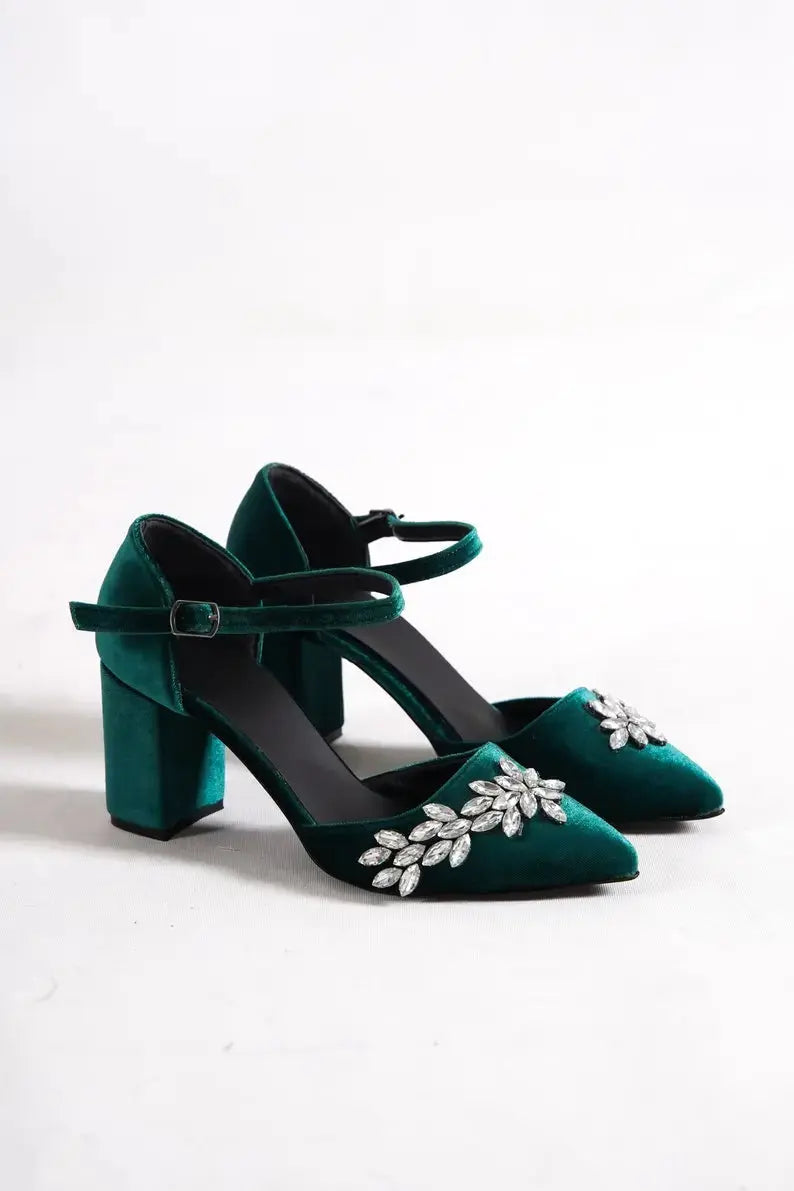 Green Velvet High Heel wedding shoes product view 3 | ForeverSolesBride