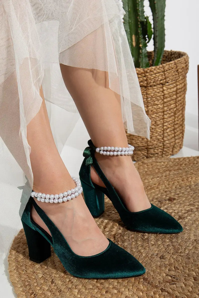 ForeverSoles Green Velvet Shoes With Pearls for women, elegant wedding and party shoes
