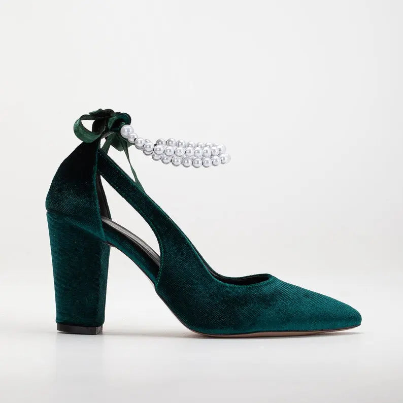 ForeverSoles Green Velvet Shoes With Pearls for women, elegant wedding and party shoes
