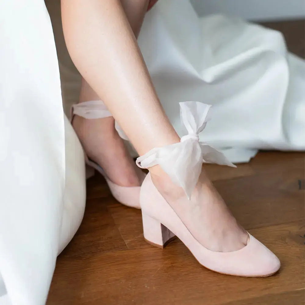 Pink Velvet Block Heel wedding shoes product view 2 | ForeverSolesBride