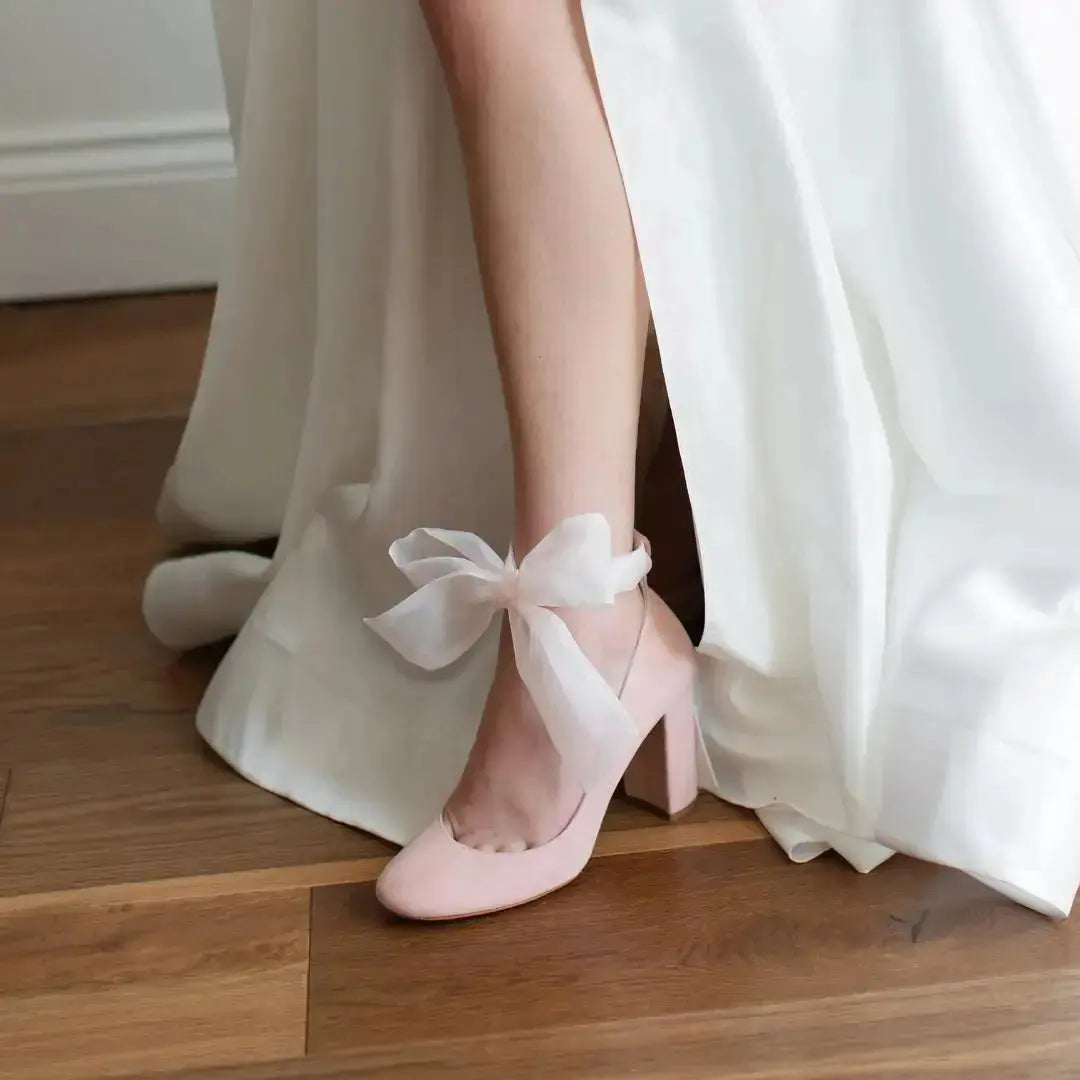Pink Velvet Block Heel wedding shoes product view 6 | ForeverSolesBride