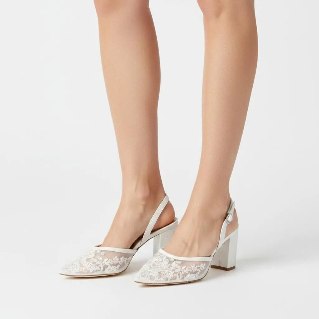 Ivory Lace Block Heel wedding shoes hero front view | ForeverSolesBride