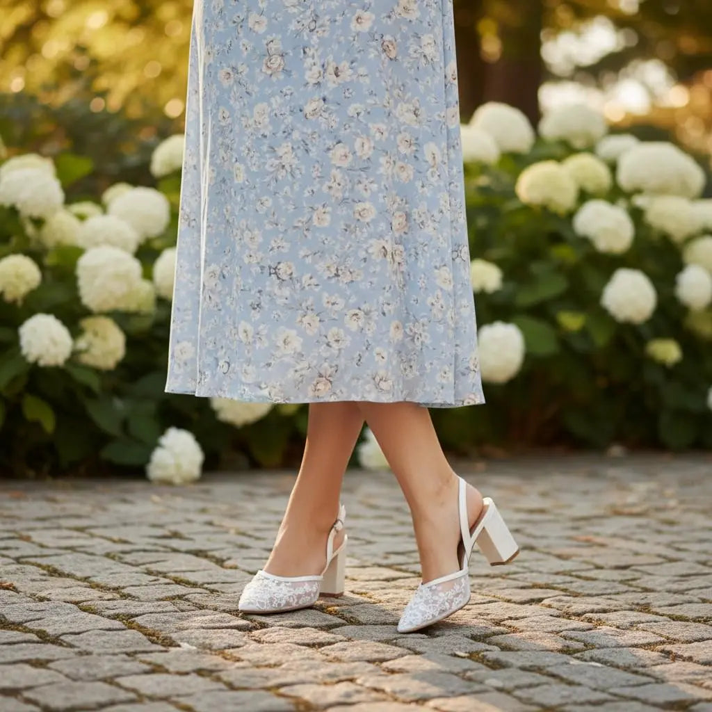 Ivory Lace Block Heel wedding shoes product view 2 | ForeverSolesBride