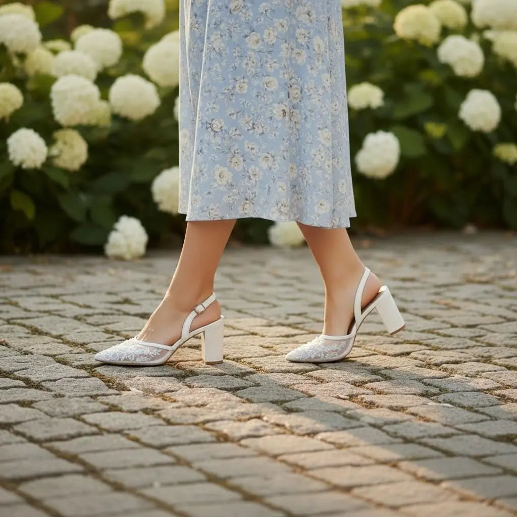 Ivory Lace Block Heel wedding shoes product view 3 | ForeverSolesBride