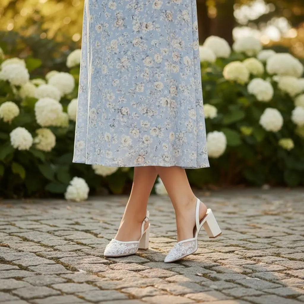 Ivory Lace Block Heel wedding shoes product view 4 | ForeverSolesBride