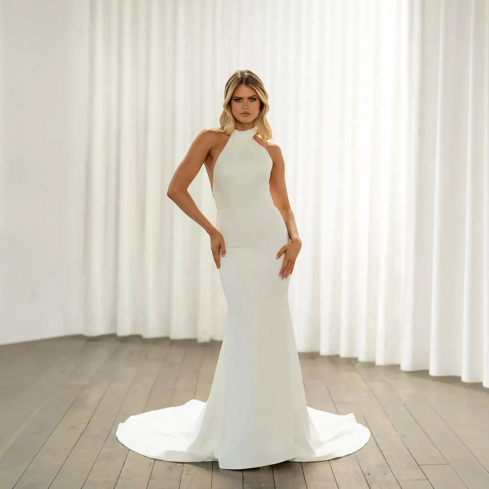 Celeste Silk A-Line wedding dress hero front view | ForeverSolesBride