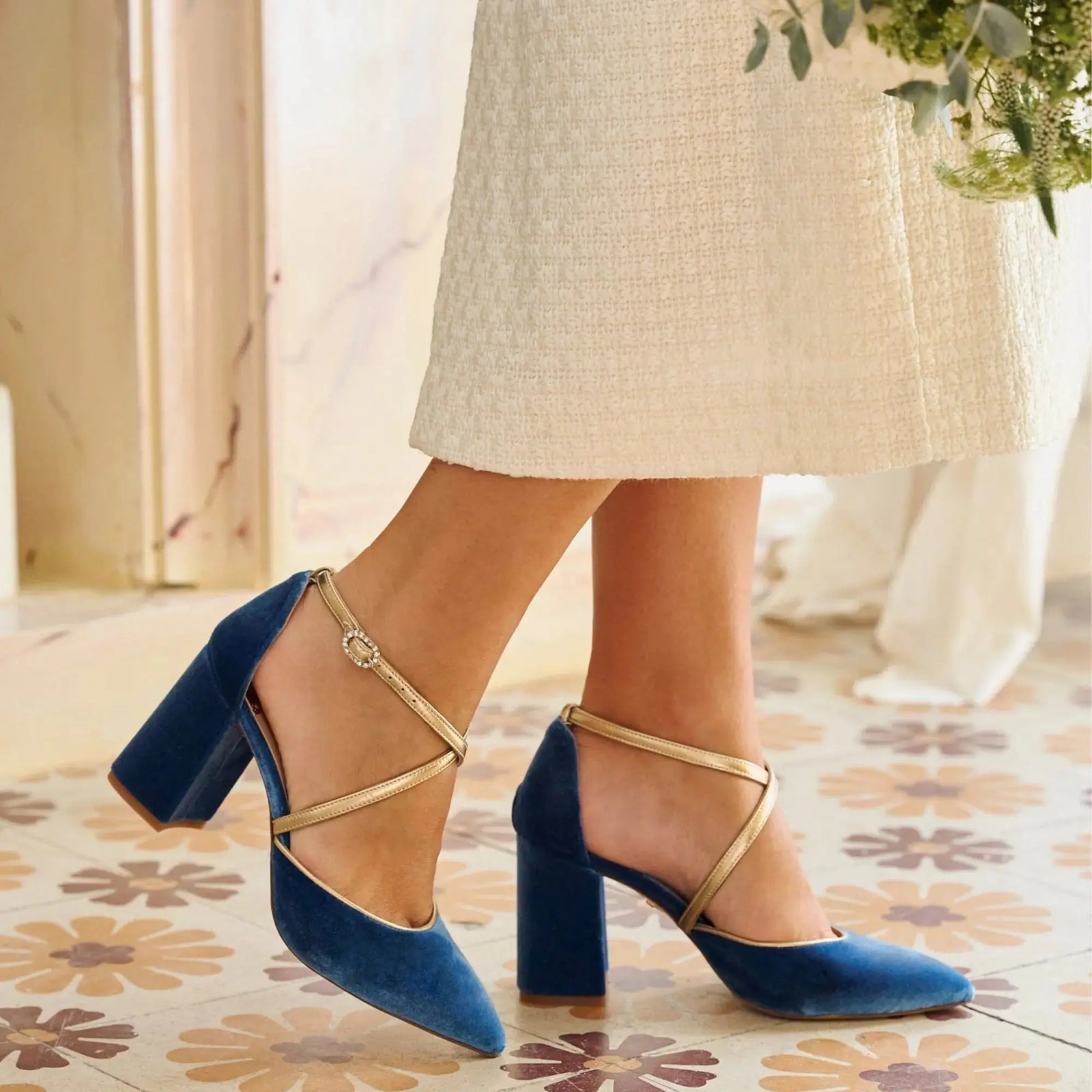 Navy Velvet Block Heel wedding shoes product view 2 | ForeverSolesBride