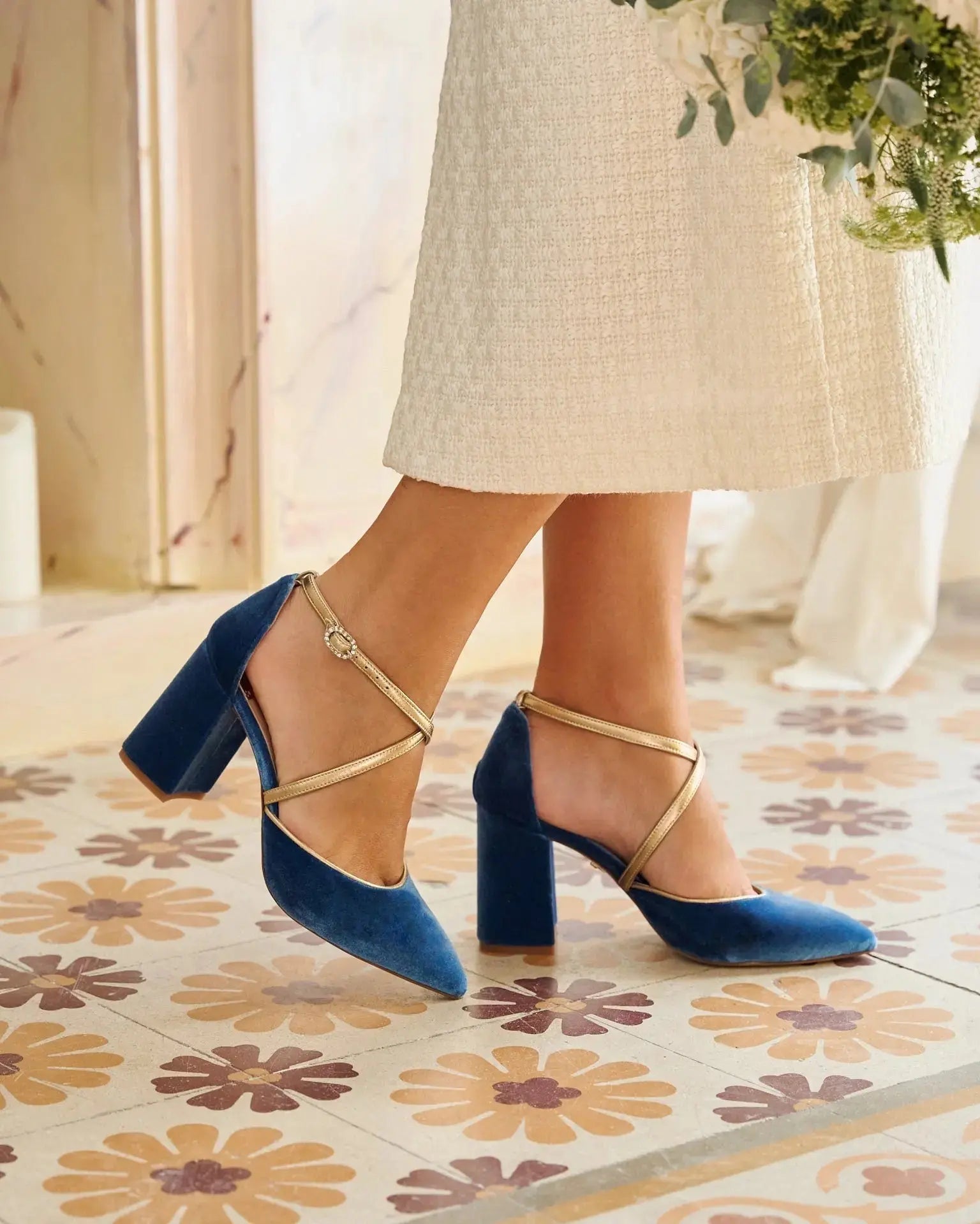 Navy Velvet Block Heel wedding shoes product view 5 | ForeverSolesBride
