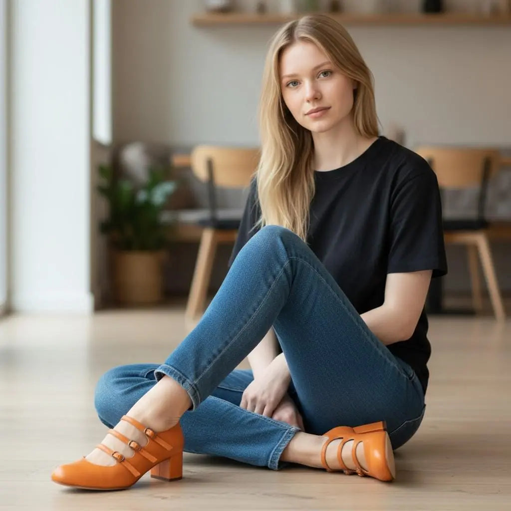 ForeverSoles Orange Mary Jane Heels for women, elegant wedding and party shoes