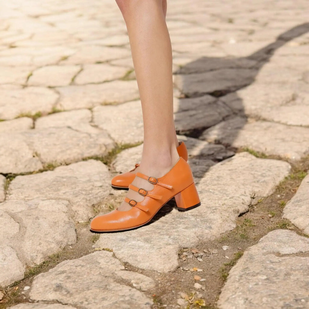ForeverSoles Orange Mary Jane Heels for women, elegant wedding and party shoes