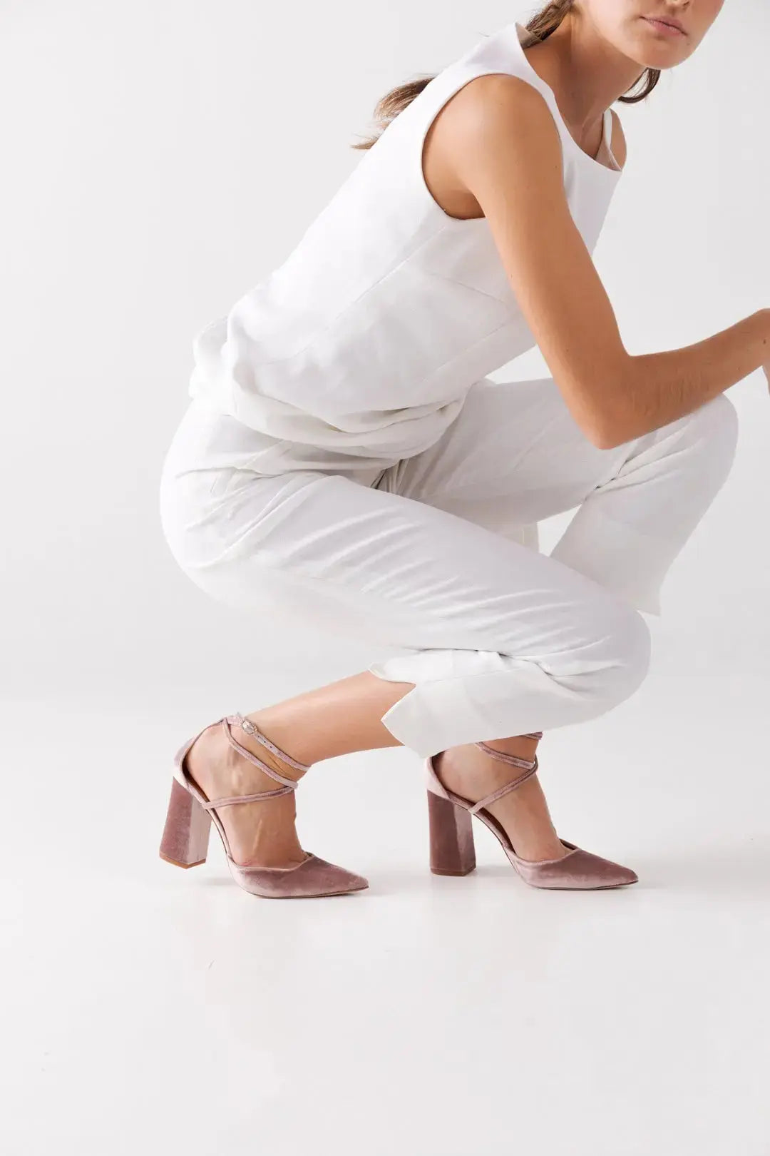 Pink Velvet Block Heel wedding shoes product view 2 | ForeverSolesBride