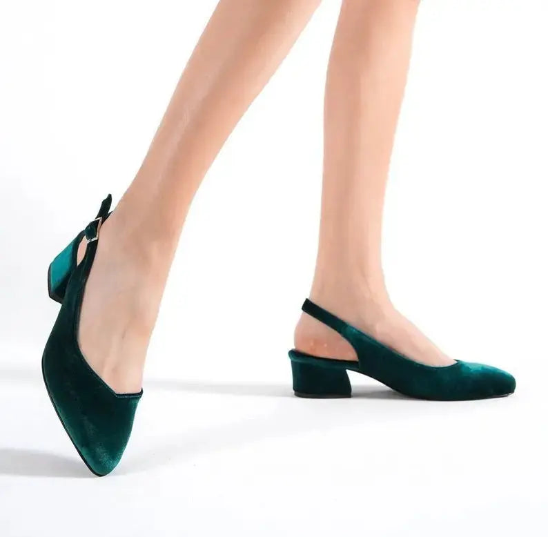 Red Velvet Block Heel wedding shoes hero front view | ForeverSolesBride