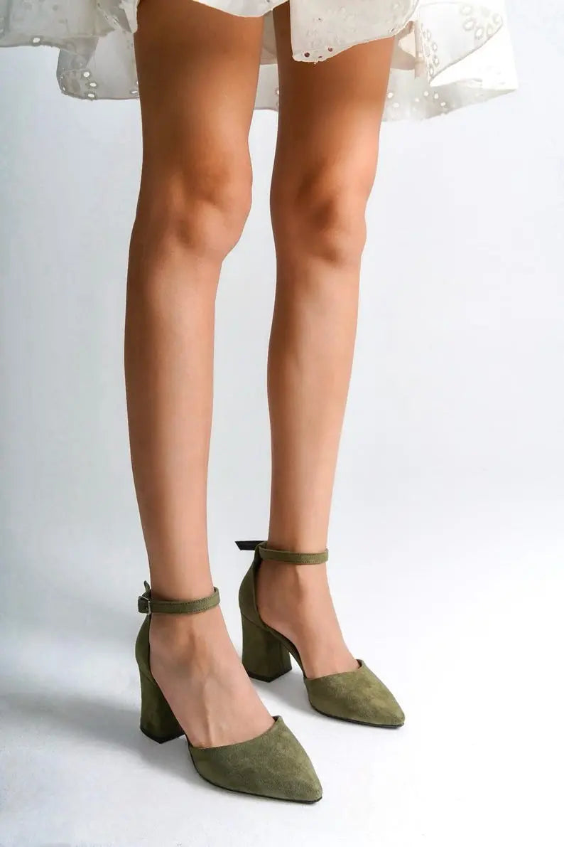 Sage Green Velvet Block Heel wedding shoes product view 3 | ForeverSolesBride