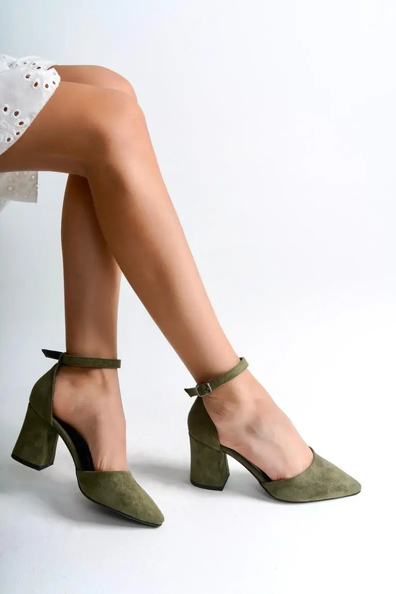Sage Green Velvet Block Heel wedding shoes hero front view | ForeverSolesBride
