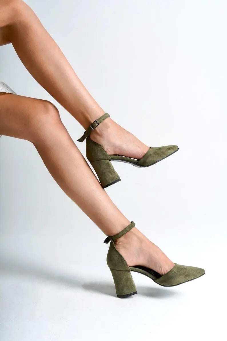 Sage Green Velvet Block Heel wedding shoes product view 2 | ForeverSolesBride