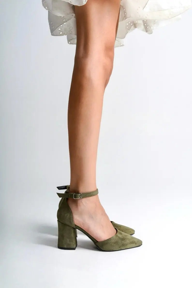 Sage Green Velvet Block Heel wedding shoes product view 5 | ForeverSolesBride