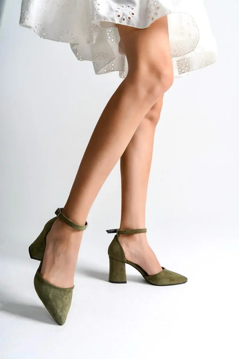 Sage Green Velvet Block Heel wedding shoes product view 6 | ForeverSolesBride