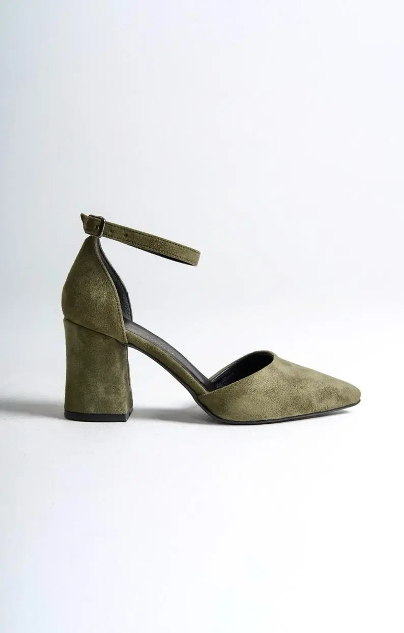 Sage Green Velvet Block Heel wedding shoes product view 7 | ForeverSolesBride