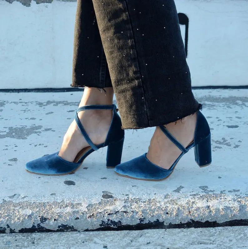 Teal Blue Velvet Block Heel wedding shoes hero front view | ForeverSolesBride