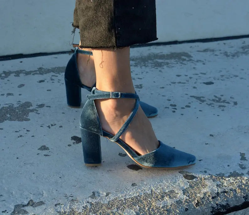 Teal Blue Velvet Block Heel wedding shoes product view 2 | ForeverSolesBride