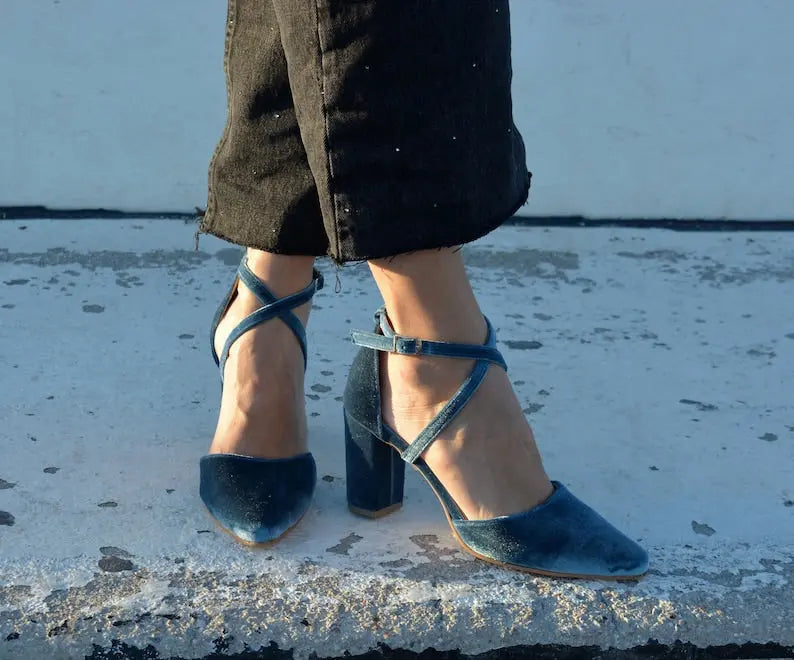 Teal Blue Velvet Block Heel wedding shoes product view 3 | ForeverSolesBride