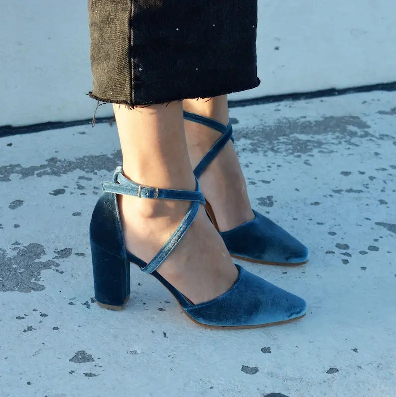 Teal Blue Velvet Block Heel wedding shoes product view 4 | ForeverSolesBride