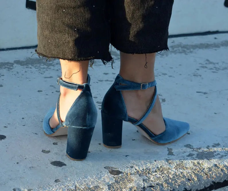 Teal Blue Velvet Block Heel wedding shoes product view 5 | ForeverSolesBride
