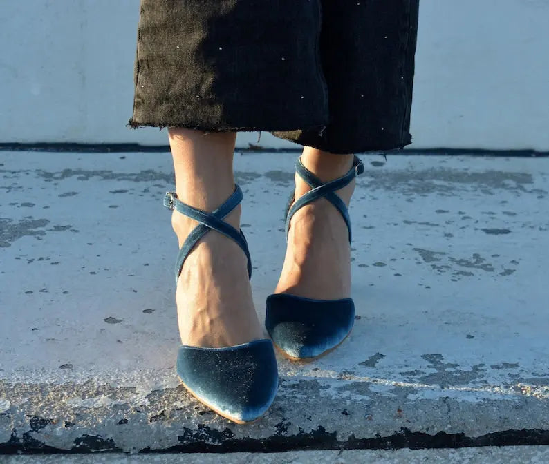 Teal Blue Velvet Block Heel wedding shoes product view 6 | ForeverSolesBride