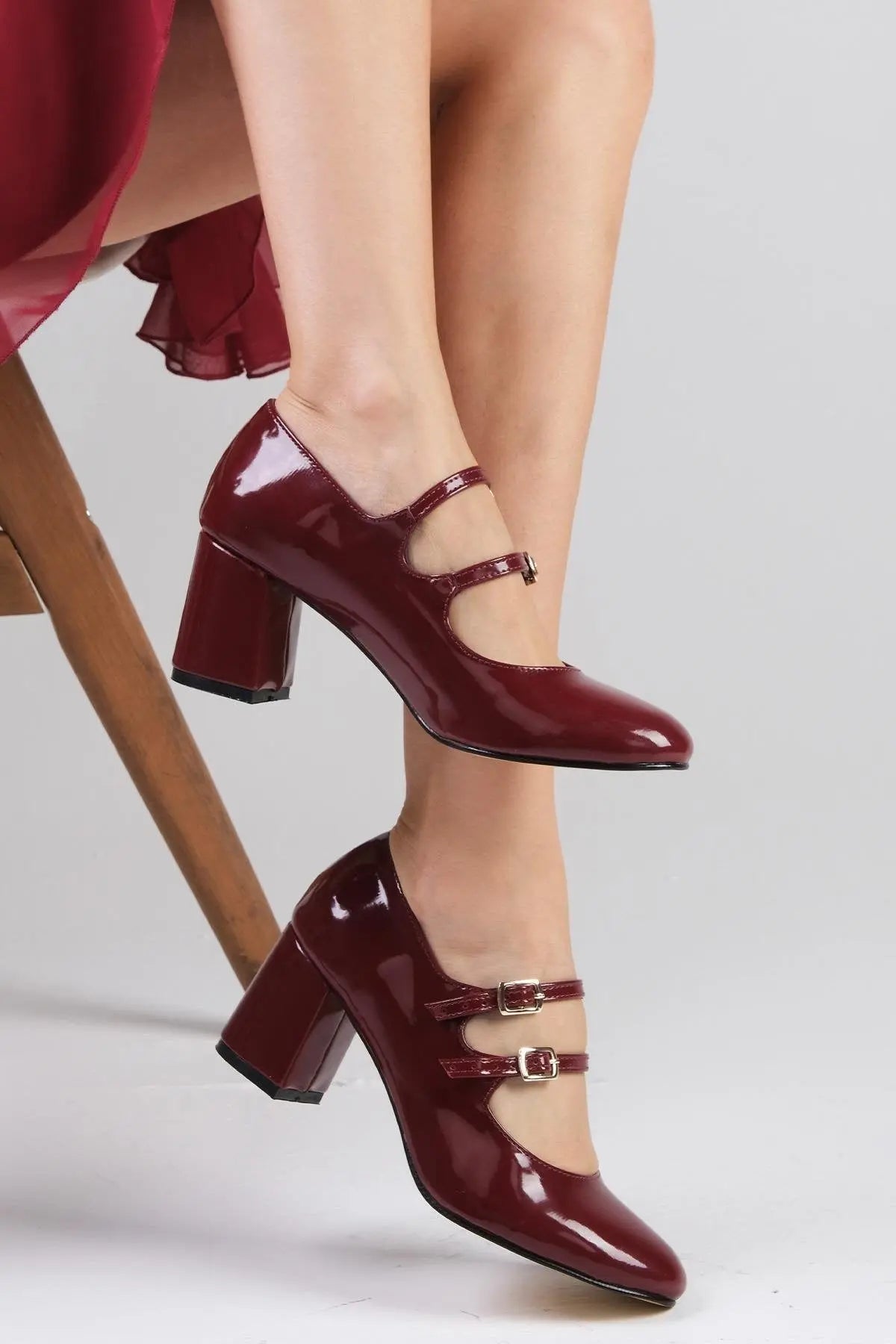 Burgundy Velvet Block Heel wedding shoes product view 6 | ForeverSolesBride
