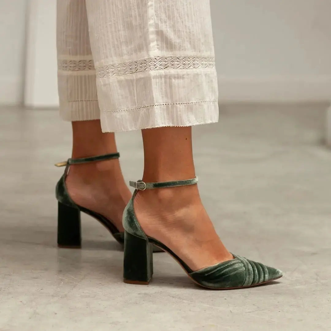Green Velvet Block Heel wedding shoes hero front view | ForeverSolesBride