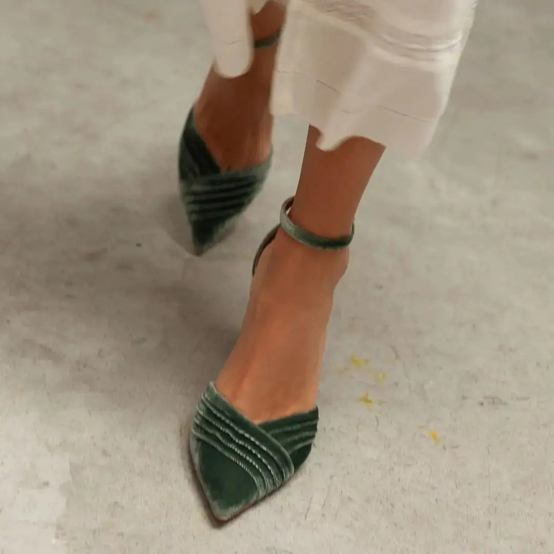 Green Velvet Block Heel wedding shoes product view 2 | ForeverSolesBride