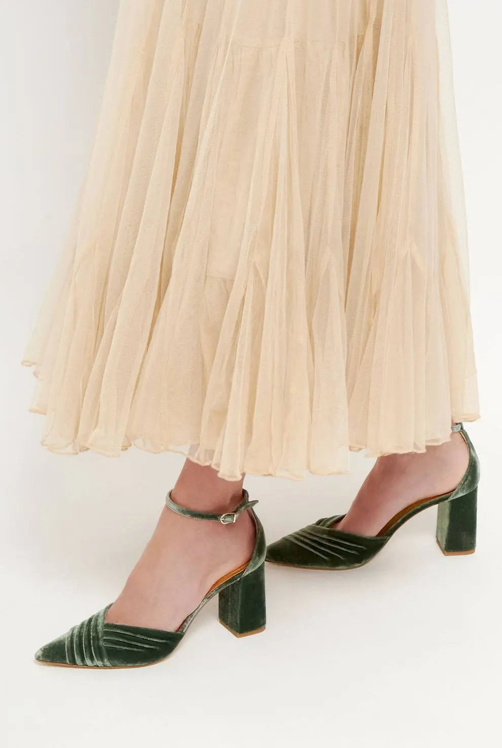 Green Velvet Block Heel wedding shoes product view 3 | ForeverSolesBride