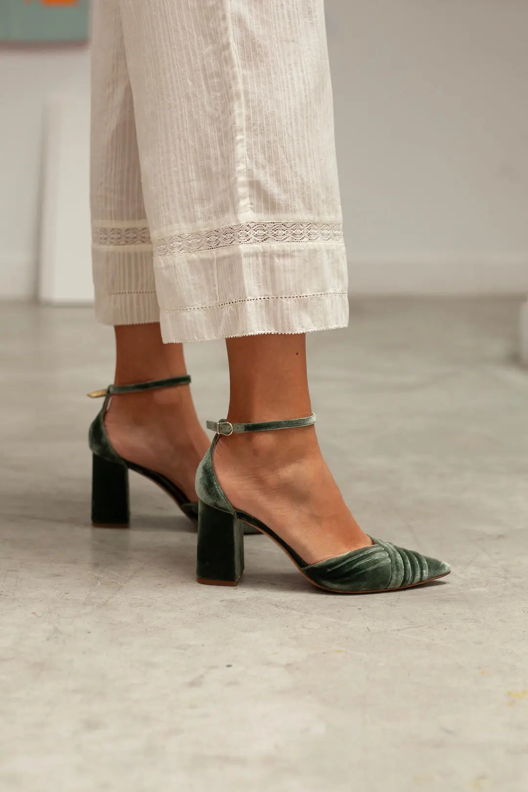 Green Velvet Block Heel wedding shoes product view 6 | ForeverSolesBride