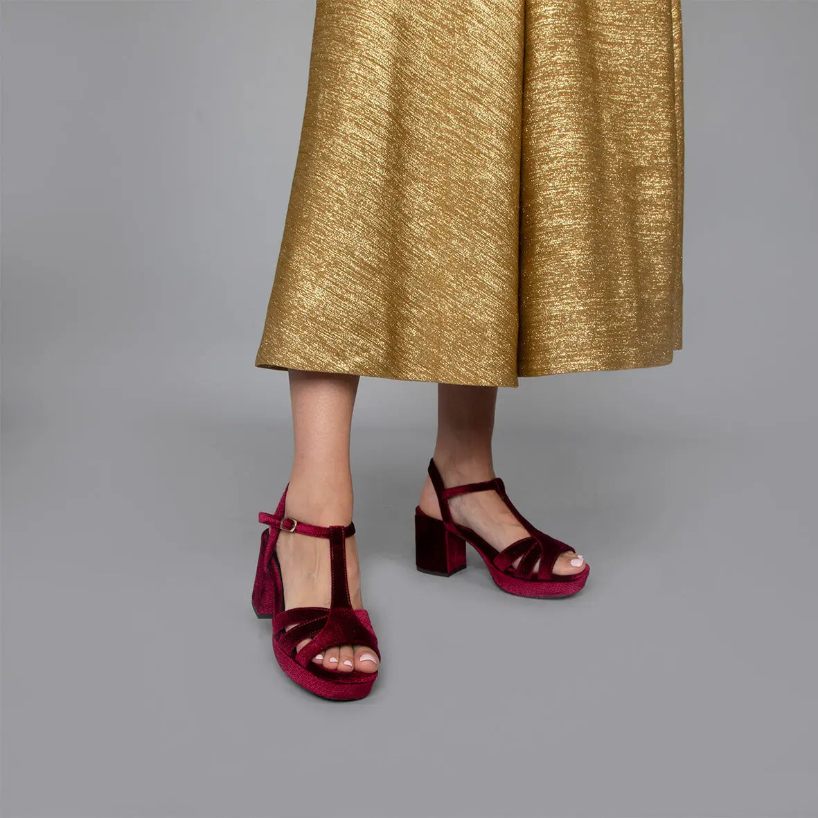 Red Velvet Block Heel wedding shoes product view 2 | ForeverSolesBride