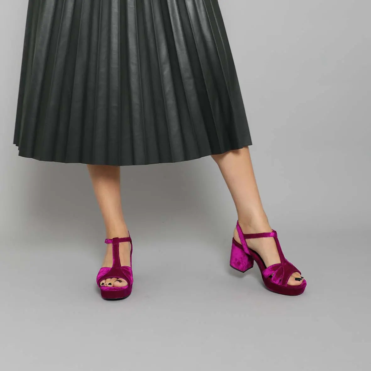 Red Velvet Block Heel wedding shoes product view 3 | ForeverSolesBride