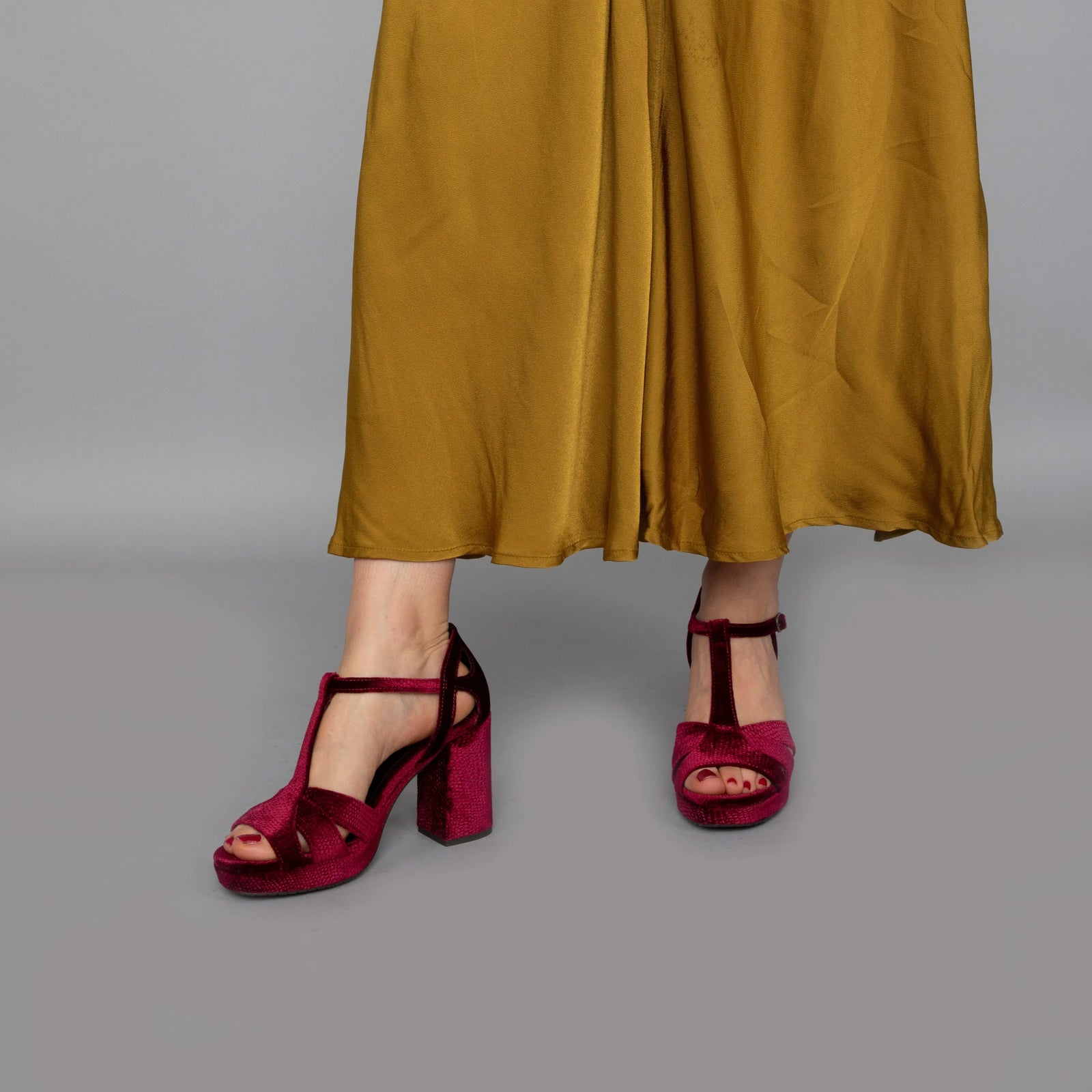 Red Velvet Block Heel wedding shoes product view 6 | ForeverSolesBride