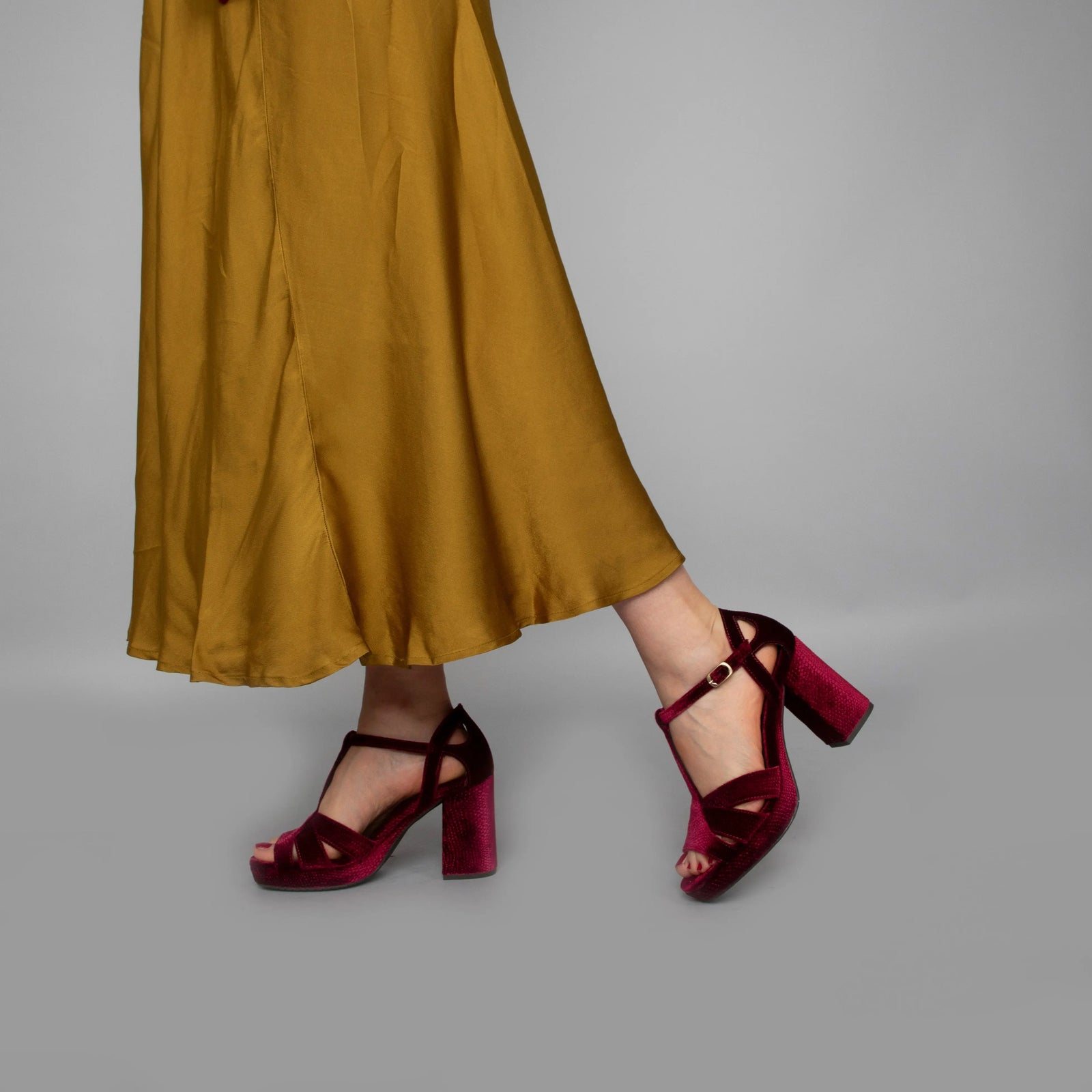 Red Velvet Block Heel wedding shoes product view 7 | ForeverSolesBride