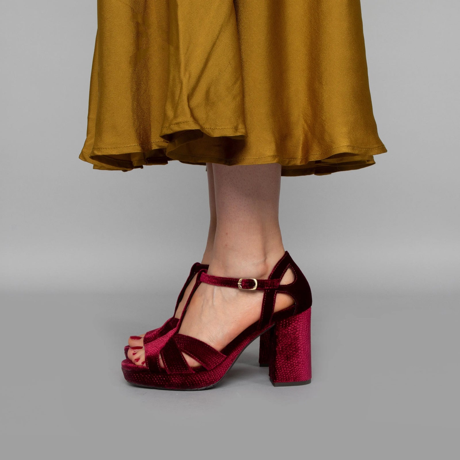 Red Velvet Block Heel wedding shoes product view 8 | ForeverSolesBride